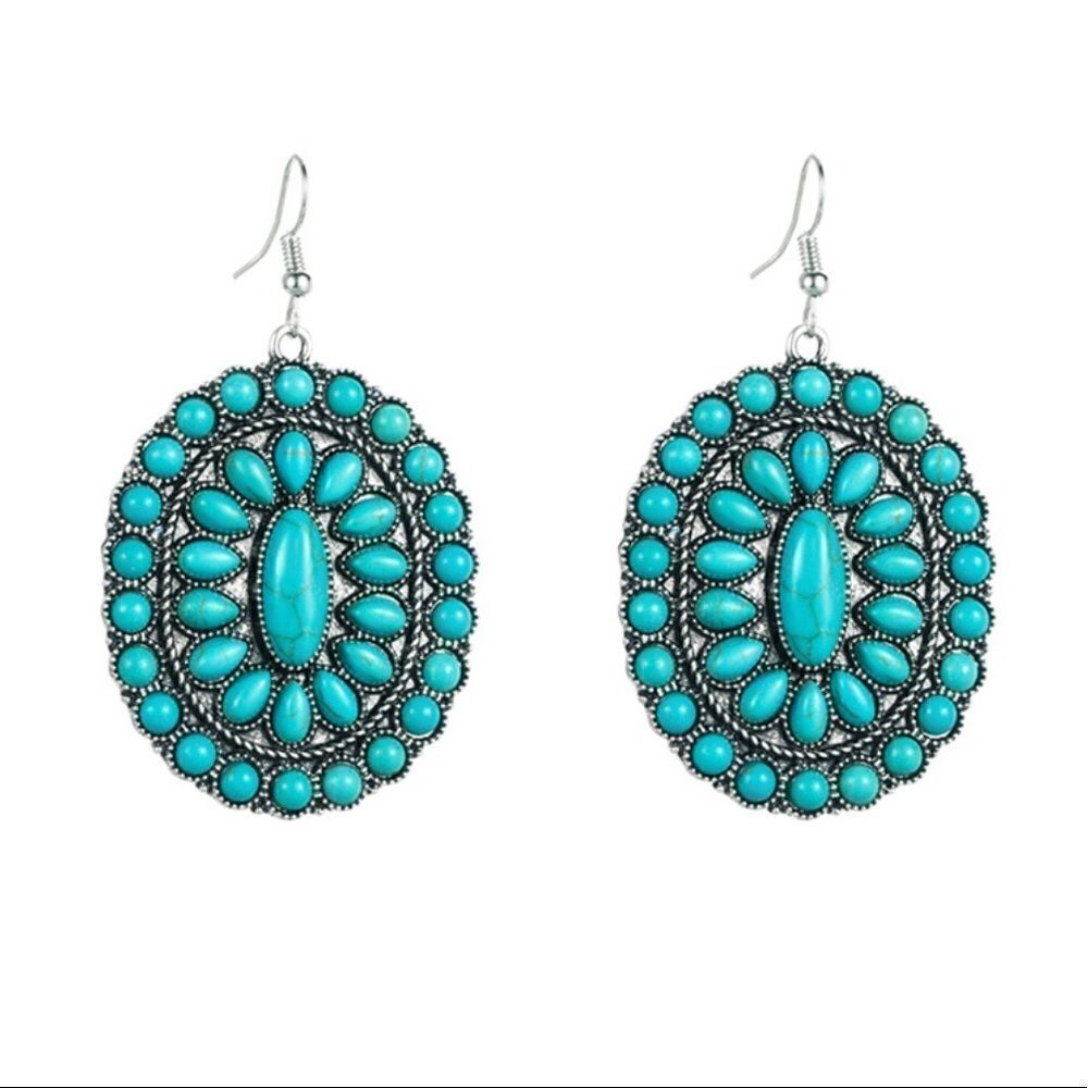 Turquoise Oval Southwestern Drop Earrings - Women Jewelry